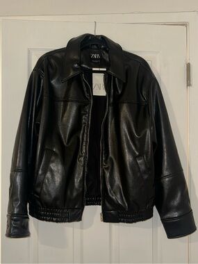 Zara Black Faux Leather Zip-Front Jacket
